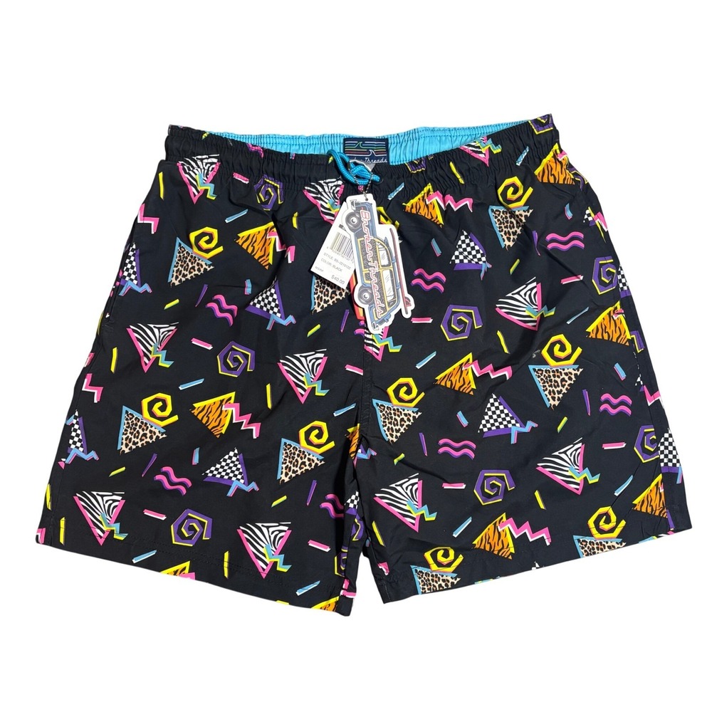 Broken Threads Swim Trunks Medium Black Retro 90s Geometric‎ Neon Print Shorts